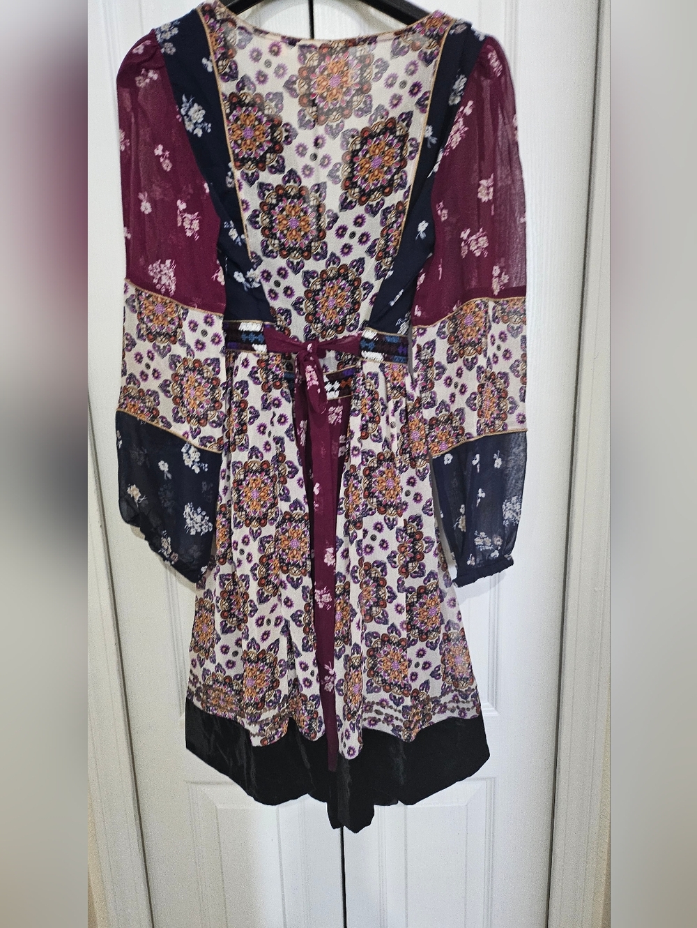 Maeve Anthropologie Dress Women Boho Floral Velvet Trim Tie XS Sheer Sleeve. - Picture 15 of 16